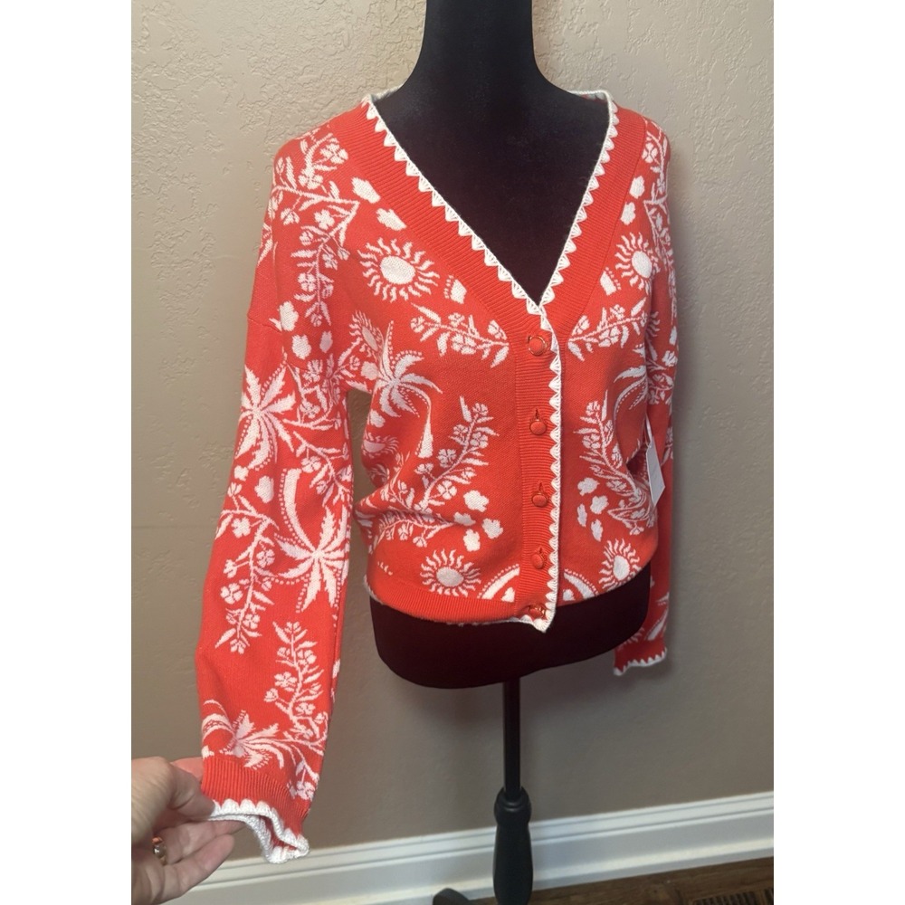 Cynthia Rowley NWT Poppy Red W/ White Trim V Neck Cardigan Floral Sun Boho Sz XS